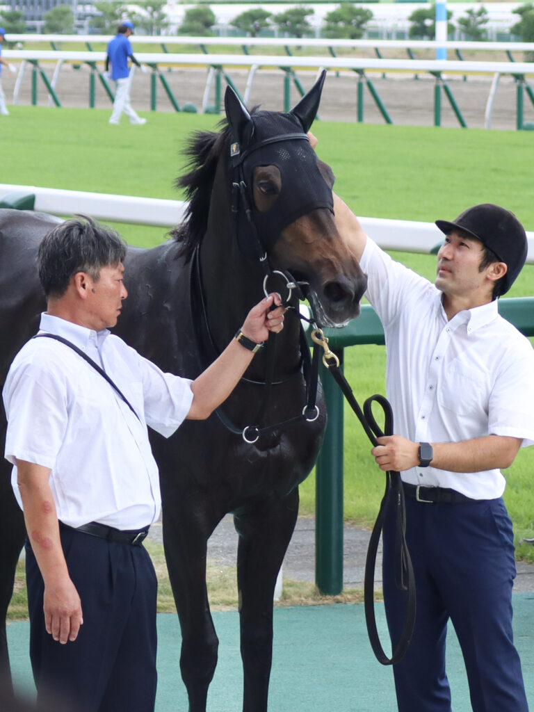 2023年7月30日新潟競馬場のメイクデビュー新馬戦でレコード勝利後、ウイナーズサークルに立つ出資馬カンティアーモ