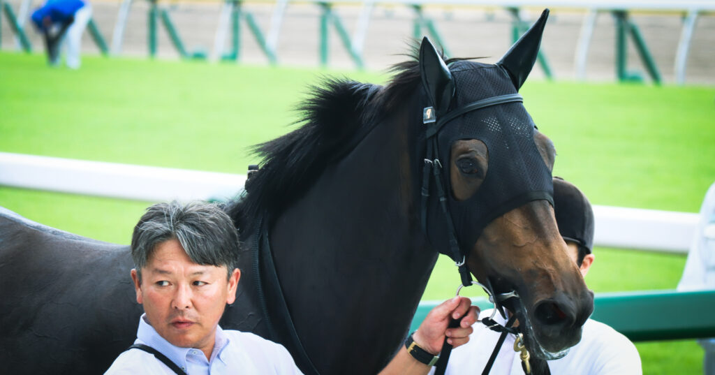 2023年7月30日新潟競馬場のメイクデビュー新馬戦でレコード勝利後、ウイナーズサークルに立つ出資馬カンティアーモ