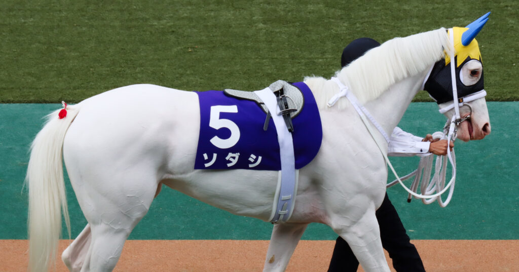 2022年ヴィクトリアマイルのパドックを周回する白毛のアイドルホース・ソダシ（東京競馬場）