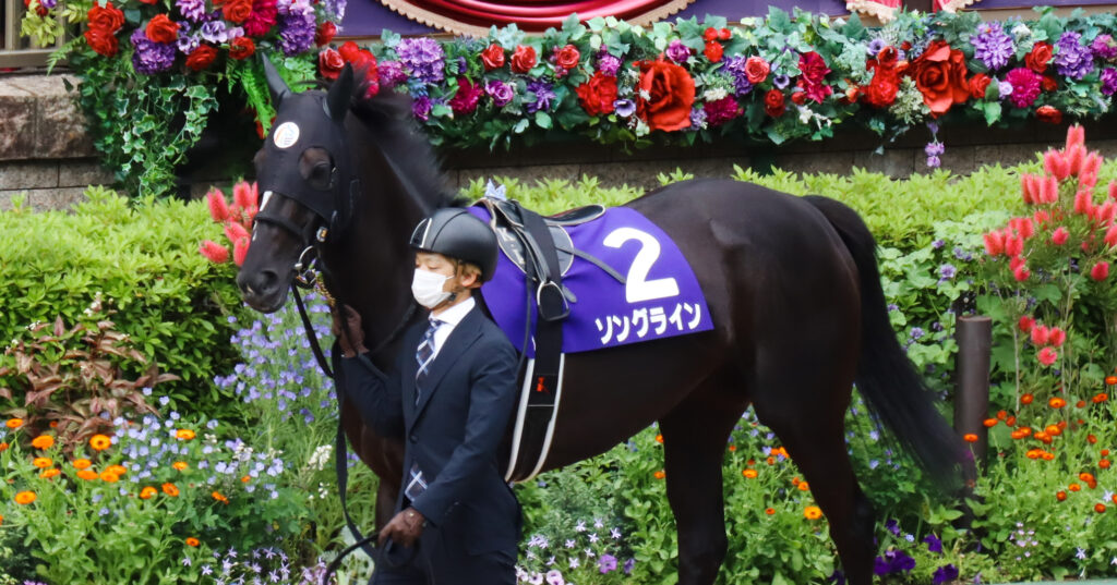 2022年ヴィクトリアマイル（東京競馬場）パドックで周回するソングラインの写真。GⅠ制覇へ向けた気配が漂う。