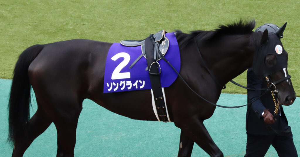 2022年ヴィクトリアマイル（東京競馬場）パドックで周回するソングラインの写真。GⅠ制覇へ向けた気配が漂う。