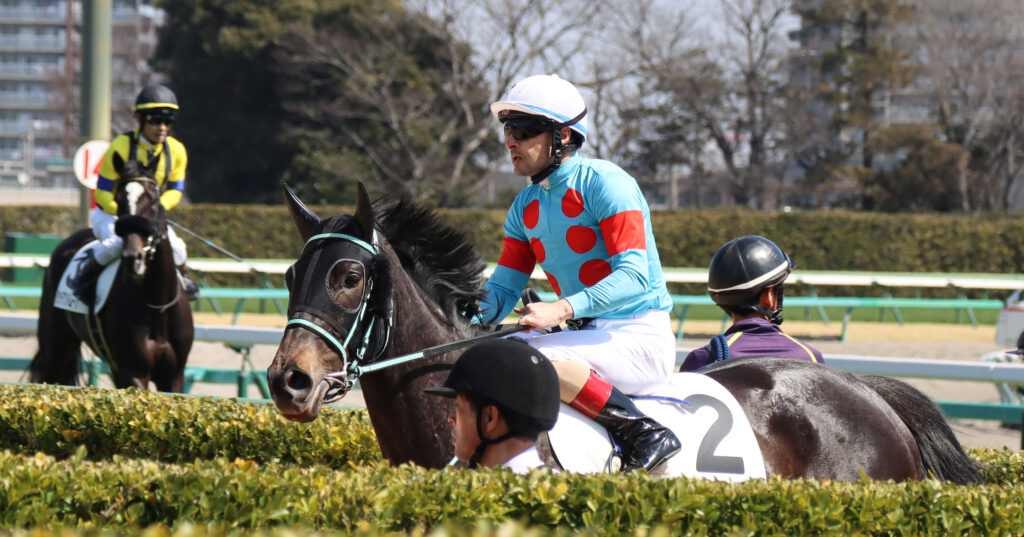 2024年3月16日中山競馬場の未勝利戦、レースを終えてルメール騎手とともに検量室へ戻ってくる出資馬シアブリスの姿