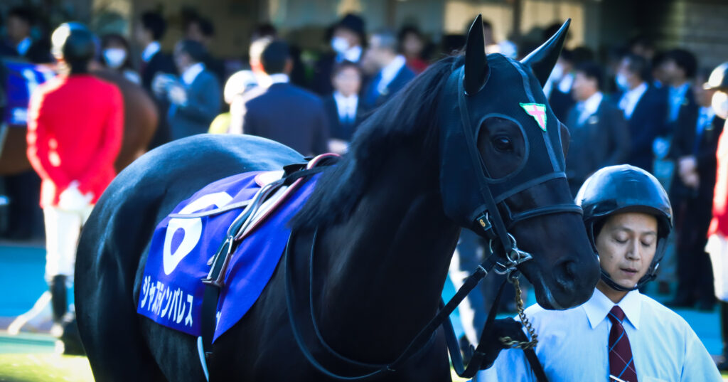 2023年10月29日、東京競馬場で行われた天皇賞（秋）のパドックで、気合い十分に周回するジャスティンパレスの姿