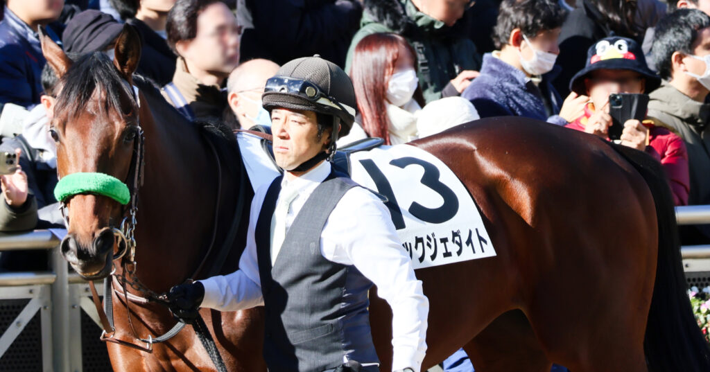 2024年12月28日中山競馬場・メイクデビュー中山2歳新馬戦のパドックでのブラックジェダイト。落ち着いた雰囲気で周回する様子が印象的な一枚