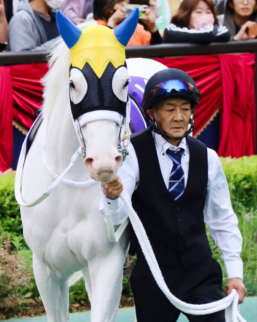 2023年5月14日ヴィクトリアマイルのパドックで、今浪厩務員に引かれるソダシ