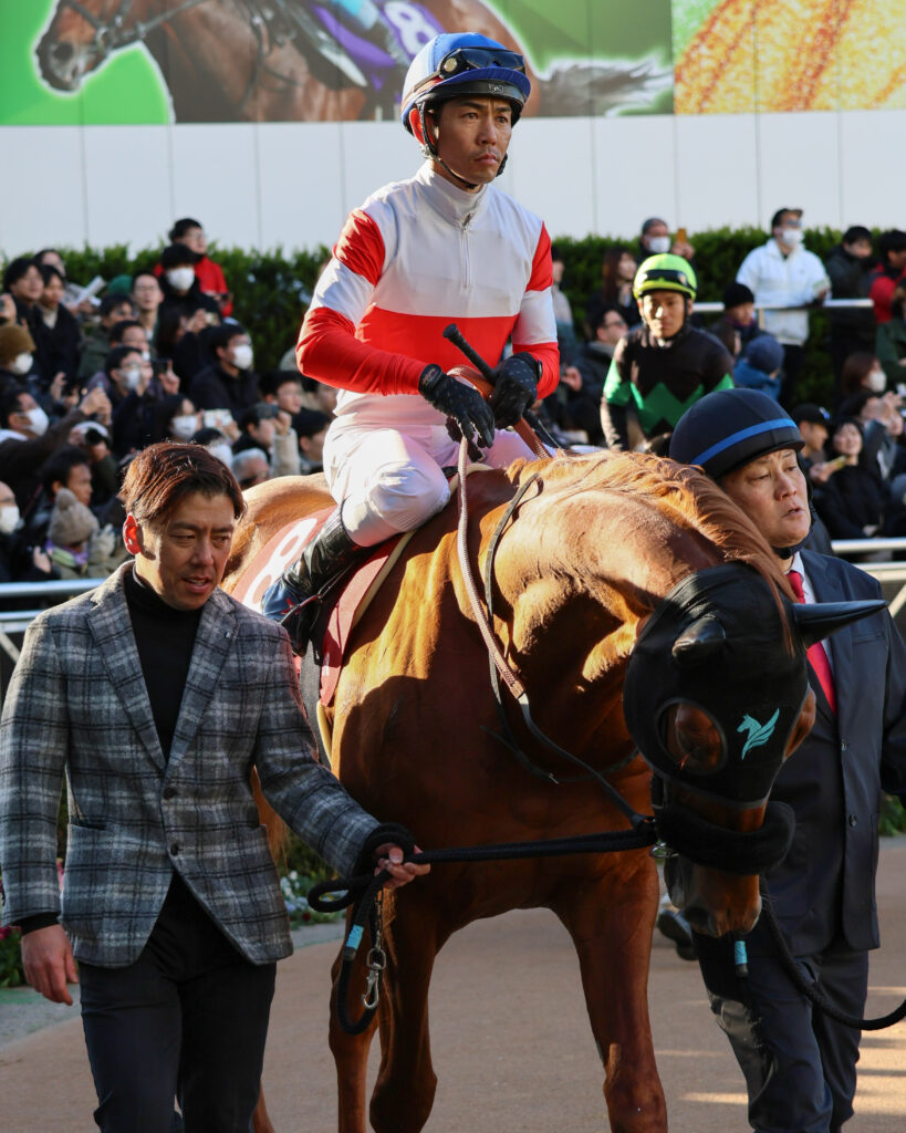 2025年1月26日、中山競馬場で行われたAJCC（アメリカジョッキークラブカップ）のパドックで撮影されたダノンデサイルの写真。戸崎圭太騎手を背に、落ち着いた雰囲気で周回する姿が印象的な一枚