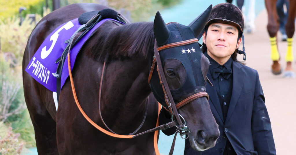 2025年2月23日、東京競馬場で行われたフェブラリーステークスのパドックで撮影されたアーテルアストレアの写真。JRAラストランとなるこの日、酒井助手に引かれ、かわいらしい瞳で観客を見つめながら周回する姿が印象的な一枚