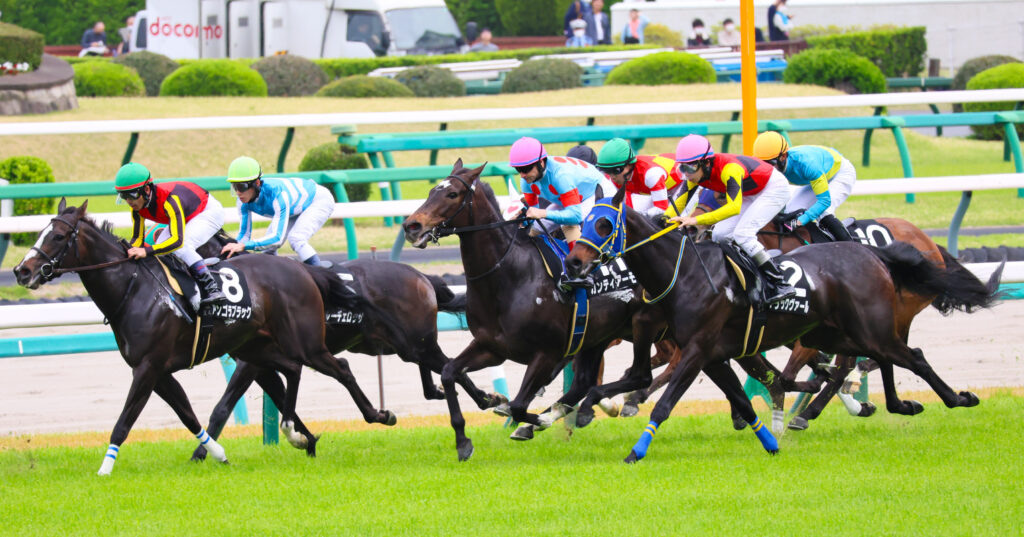 野島崎特別スタート直後、クリストフ・ルメール騎手を背にポジションを取りに行く出資馬カンティアーモ（2025年4月20日中山競馬場）