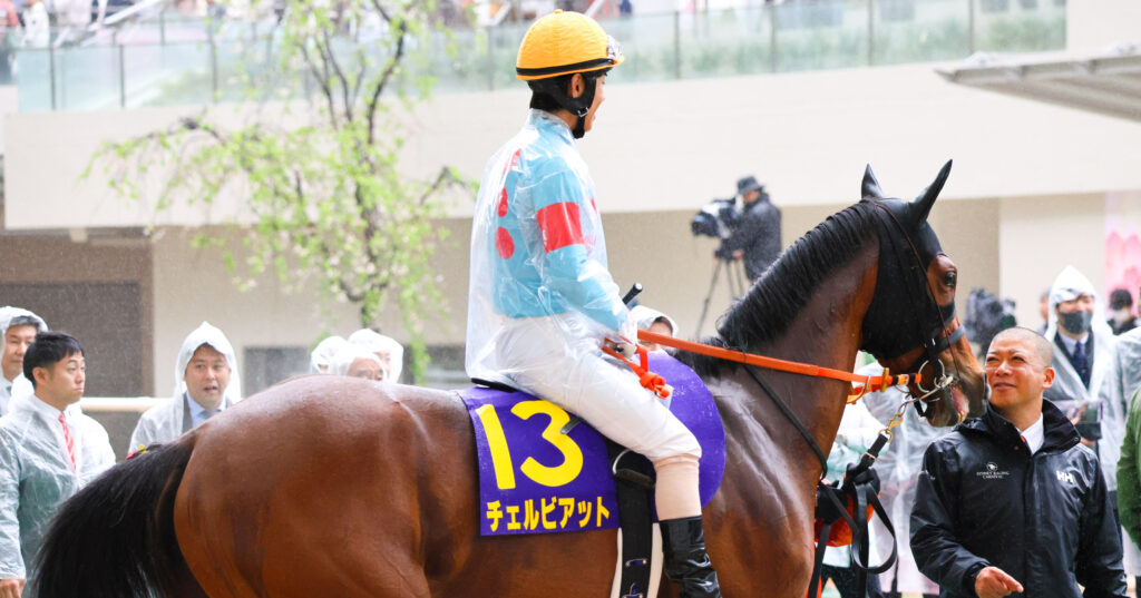 2025年阪神競馬場・桜花賞パドックで北村友一騎手が騎乗する出資馬チェルビアット