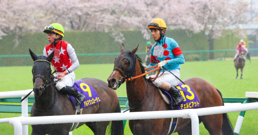 2025年阪神競馬場の桜花賞ゴール後、満開の桜を背景に北村友一騎手騎乗の出資馬チェルビアットが引き上げるシーン