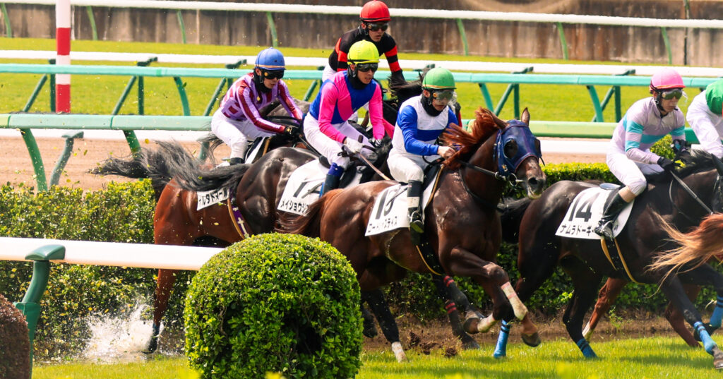 2025年4月5日、中山競馬場で行われた障害レースのワンシーン。水濠障害で後肢を落とした瞬間、水しぶきが上がる緊迫の飛越を捉えた一枚。障害レースの厳しさが伝わる場面
