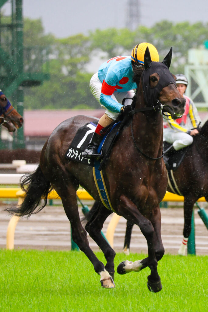 2025年5月18日東京競馬場の国分寺特別、返し馬でクリストフ・ルメール騎手が騎乗する出資馬カンティアーモの写真