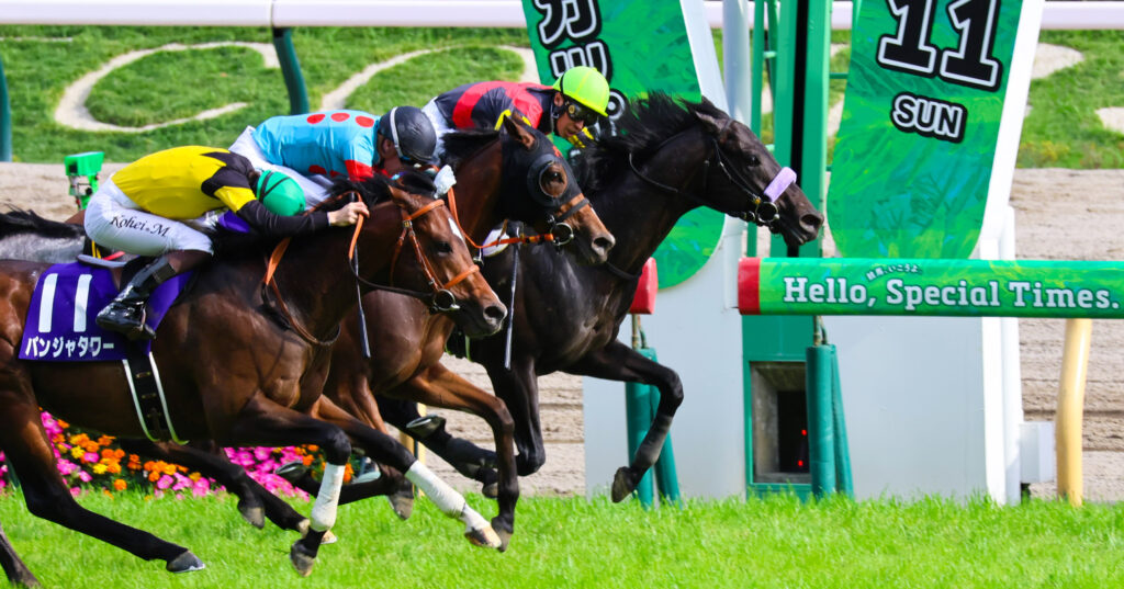 2025年東京競馬場・NHKマイルCのゴール前で3頭が接戦、中央にチェルビアット（出資馬）