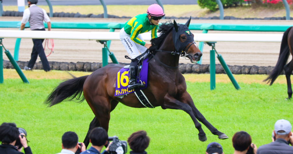2025年4月20日、中山競馬場で行われた皐月賞のレース前、返し馬を行うサトノシャイニングの写真。西村淳也騎手が騎乗し、本番に向けて気持ちを高める静かな一瞬