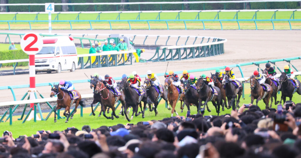 2025年撮影、中山競馬場で行われた皐月賞のゴール前200m地点で、各馬が一団となって最後の追い比べを見せる中、満員の観客が熱気に包まれる感動のレース写真