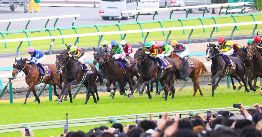 2025年撮影、中山競馬場で行われた皐月賞のゴール前100m地点で、クロワデュノール（北村友一騎手）が抜け出すところへ、ミュージアムマイル（ジョアン・モレイラ騎手）が外から迫る迫力の写真