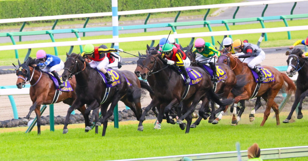 2025年撮影、中山競馬場で行われた皐月賞のゴール前100m地点で、クロワデュノール（北村友一騎手）が抜け出すところへ、ミュージアムマイル（ジョアン・モレイラ騎手）が外から迫る迫力の写真