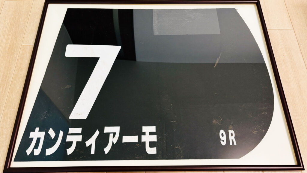 2025年5月18日東京競馬場で実施された国分寺特別にて、出資馬カンティアーモが実際に着用していたゼッケン。付着した泥や芝、カンティアーモの毛がレースの過酷さを表している。