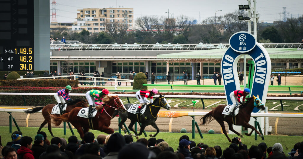 2024年2月4日東京競馬場のメイクデビュー新馬戦のゴール前のワンシーン。ゴールに駆け込む出資馬ウインヘラクレス。