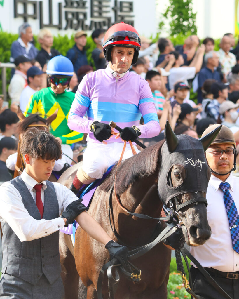 2025年スプリンターズステークス（GⅠ）中山競馬場のパドックで、ルメール騎手を背に落ち着いて周回するナムラクレア。2年連続2着から悲願のGⅠ初制覇を狙う注目馬。