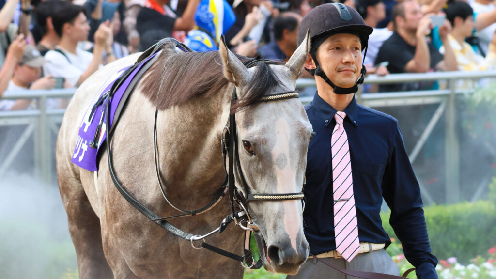 スプリンターズステークスのパドックを落ち着いて周回するカピリナ。芦毛の柔らかな馬体が可愛らしく、目を引く存在感を放っていた。