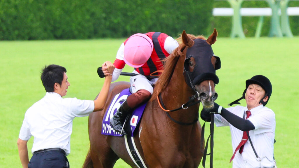 GⅠスプリンターズステークスを制したウインカーネリアンの上で、三浦皇成騎手が鹿戸厩舎関係者と固い握手。喜びと絆がにじむ瞬間。