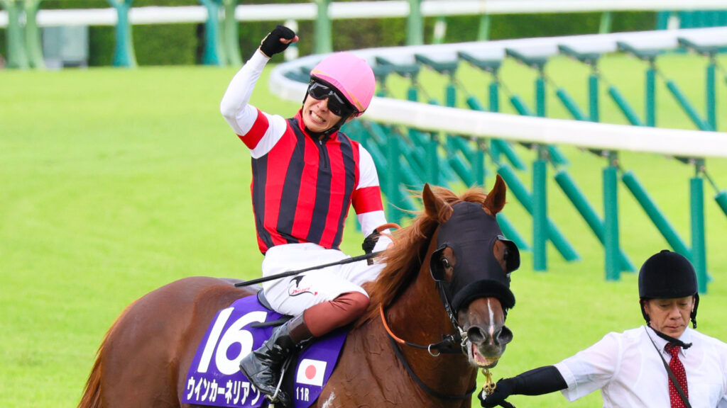 歓喜が全身から伝わる、渾身のガッツポーズ。三浦皇成騎手とウインカーネリアンが制したGⅠスプリンターズステークスのウイニングラン。