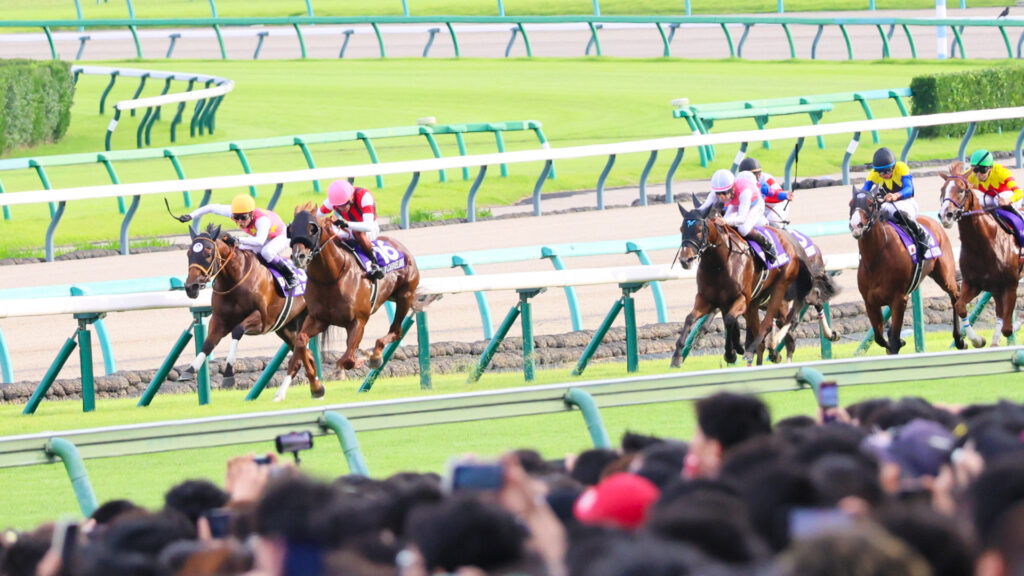 第59回スプリンターズステークス（2025年・中山競馬場）の最後の直線。 武豊騎手が騎乗するジューンブレアと三浦皇成騎手が騎乗するウインカーネリアンの一騎打ちの様相。