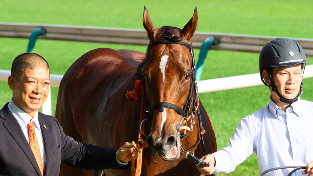 紅葉ステークスを制したチェルビアットが、東京競馬場のウィナーズサークルで高野調教師、厩務員とともに口取り写真に写る。落ち着いた表情が印象的な勝利の一枚。