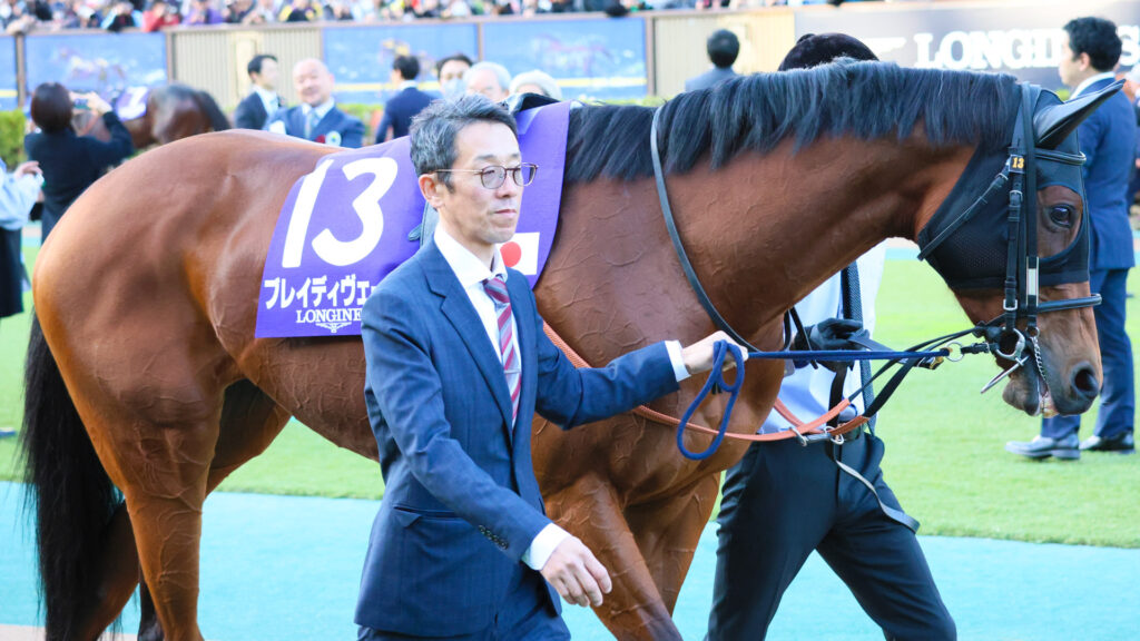 2025年ジャパンカップ（GⅠ）に参戦した、ただ一頭の牝馬。パドックで最後尾を落ち着いて周回するブレイディヴェーグ。