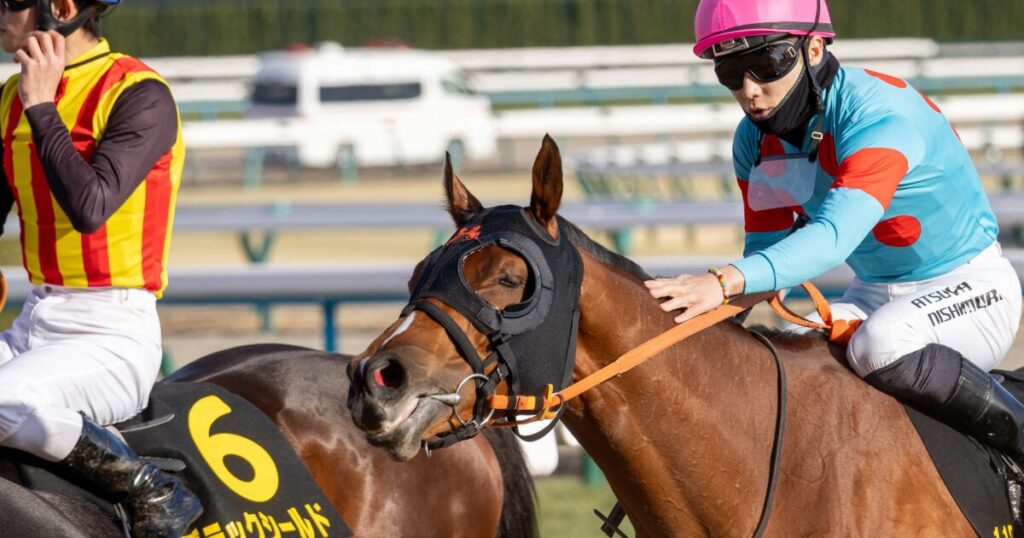 2026年洛陽ステークス（京都競馬場）で2着のチェルビアット。レース後、検量室へ戻り途中で西村淳也騎手に首を撫でられて、気持ちよさそうな表情をした瞬間を捉えた、ほっこりする一枚。