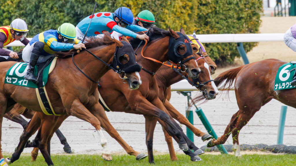 2026年3月22日、中京競馬場の愛知杯ゴール前の写真。馬群の中からチェルビアットが西村淳也騎手を背に懸命に脚を伸ばす。